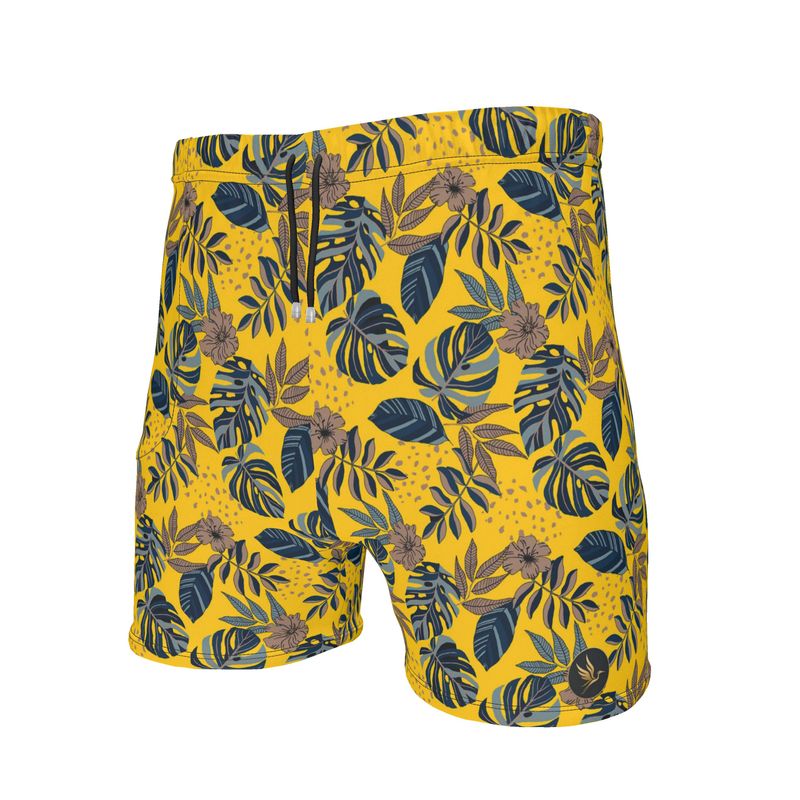 Men's Mid-Thigh Gym Shorts — Midnight Monstera Honey Gold