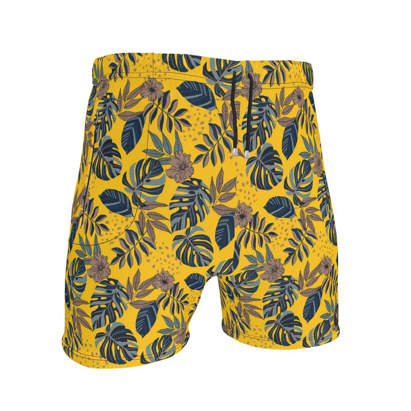Men's Mid-Thigh Gym Shorts — Midnight Monstera Honey Gold