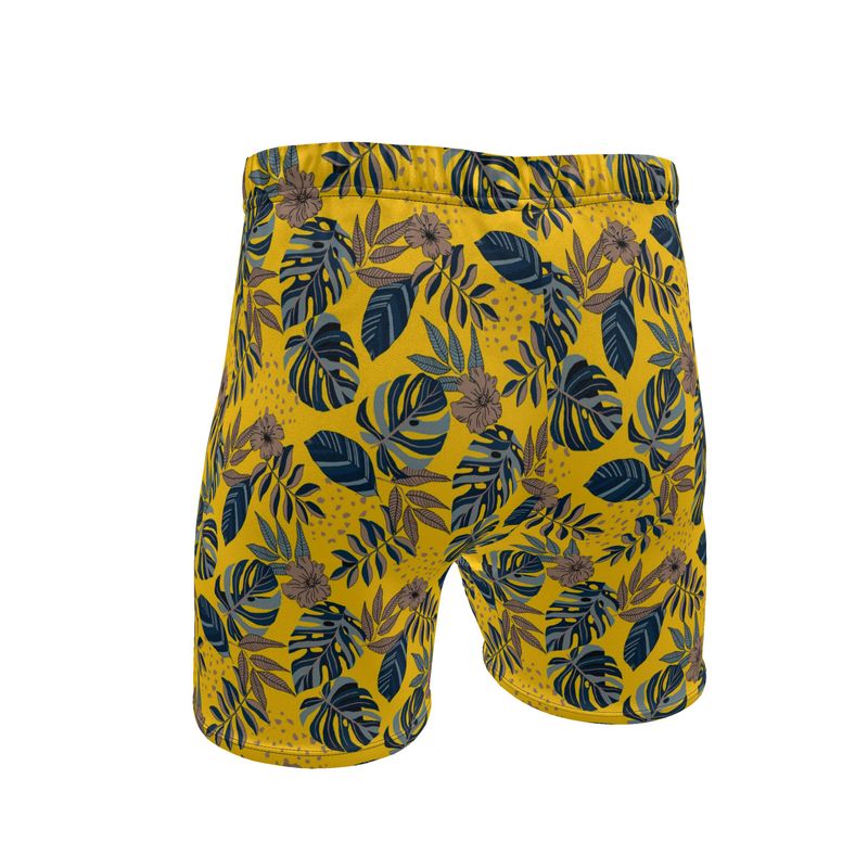 Men's Mid-Thigh Gym Shorts — Midnight Monstera Honey Gold