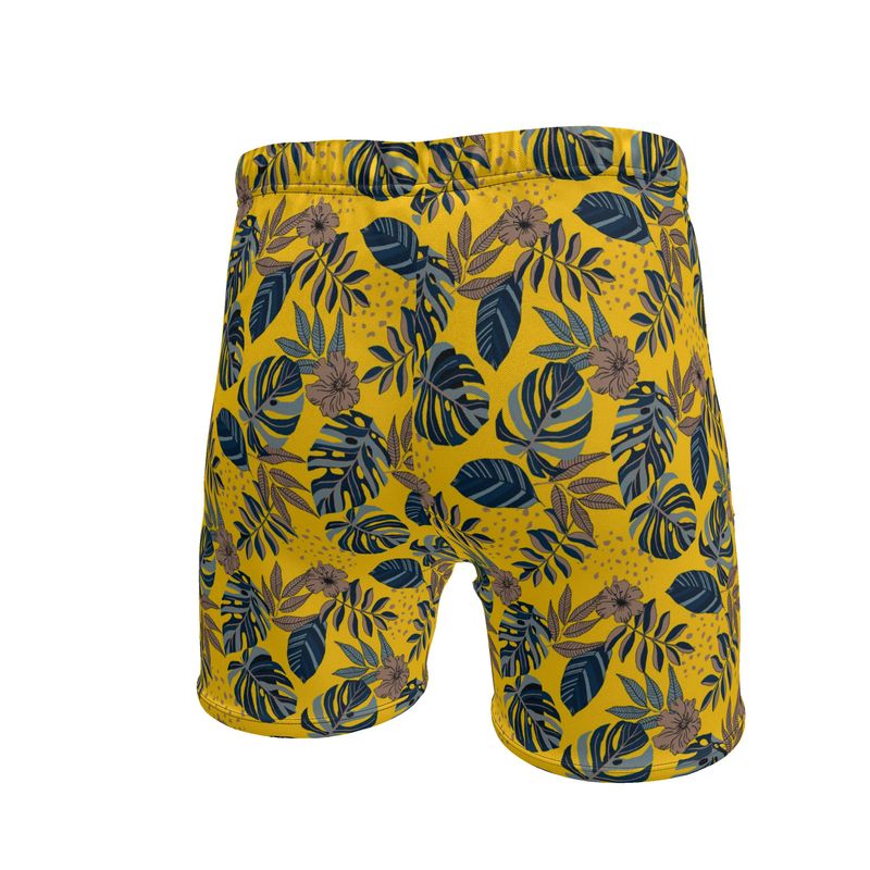 Men's Mid-Thigh Gym Shorts — Midnight Monstera Honey Gold