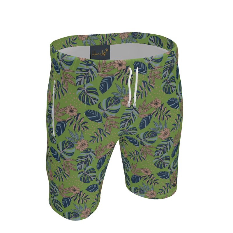 Men's Knee-Length Gym Shorts — Midnight Monstera Olive Velour