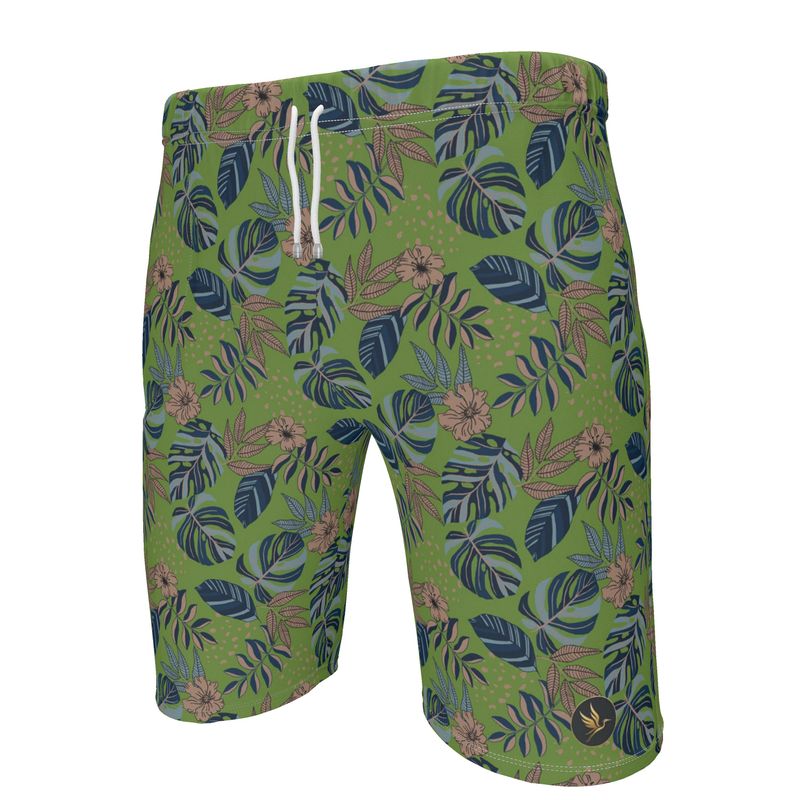 Men's Knee-Length Gym Shorts — Midnight Monstera Olive Velour