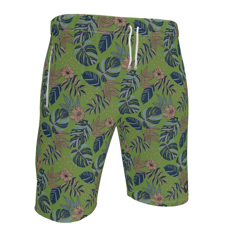 Men's Knee-Length Gym Shorts — Midnight Monstera Olive Velour