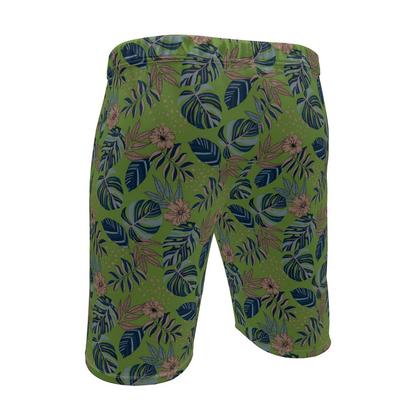 Men's Knee-Length Gym Shorts — Midnight Monstera Olive Velour