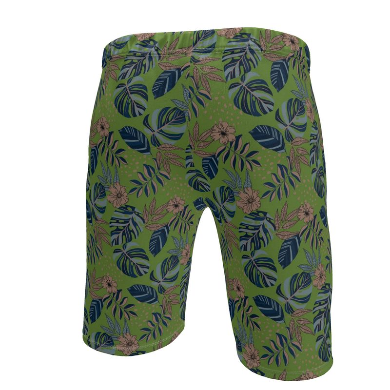 Men's Knee-Length Gym Shorts — Midnight Monstera Olive Velour