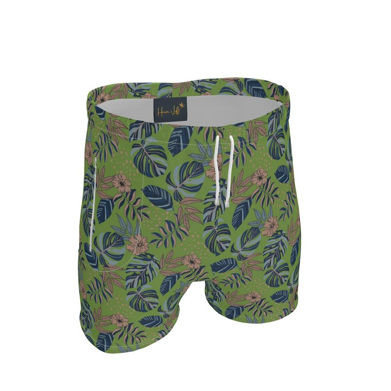 Men's Mid-Thigh Gym Shorts — Midnight Monstera Olive Velour