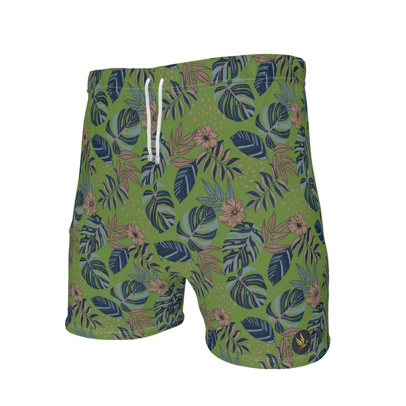 Men's Mid-Thigh Gym Shorts — Midnight Monstera Olive Velour