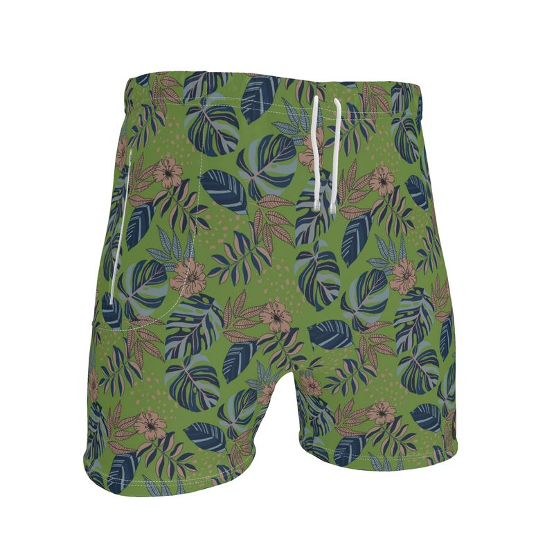 Men's Mid-Thigh Gym Shorts — Midnight Monstera Olive Velour