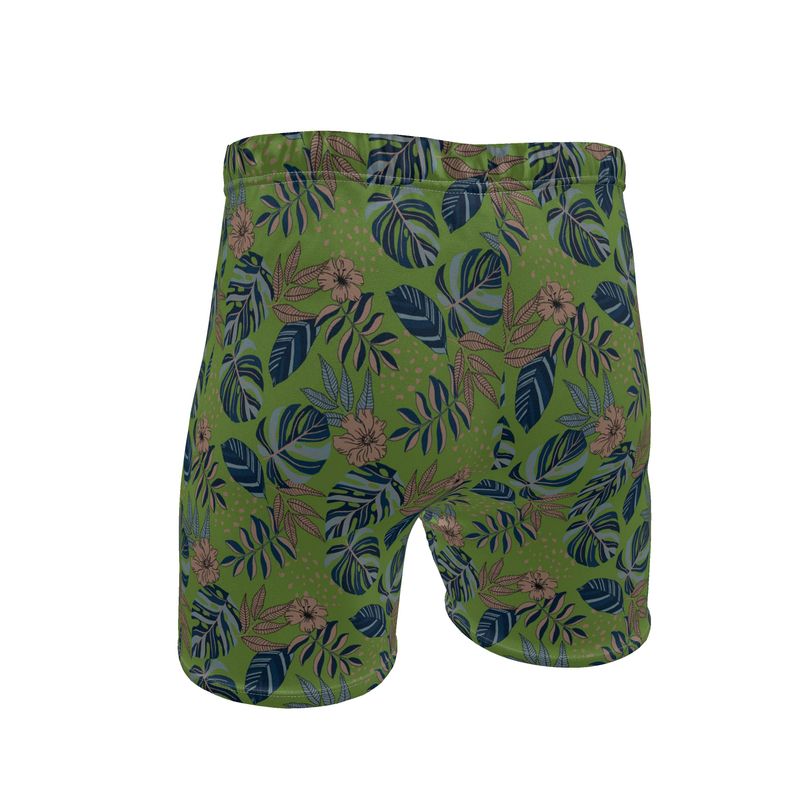 Men's Mid-Thigh Gym Shorts — Midnight Monstera Olive Velour