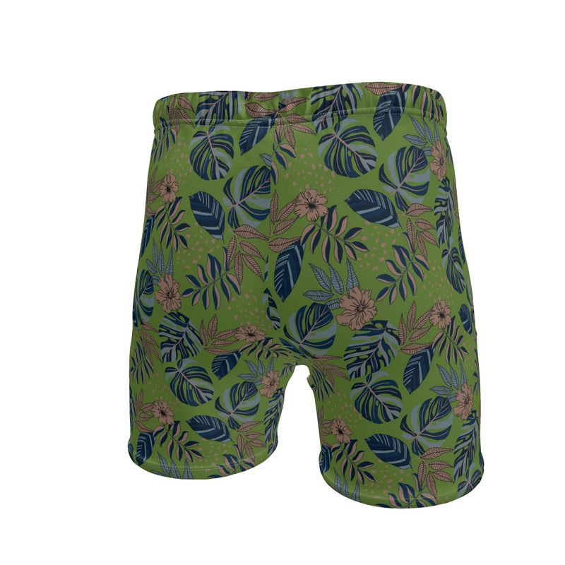 Men's Mid-Thigh Gym Shorts — Midnight Monstera Olive Velour