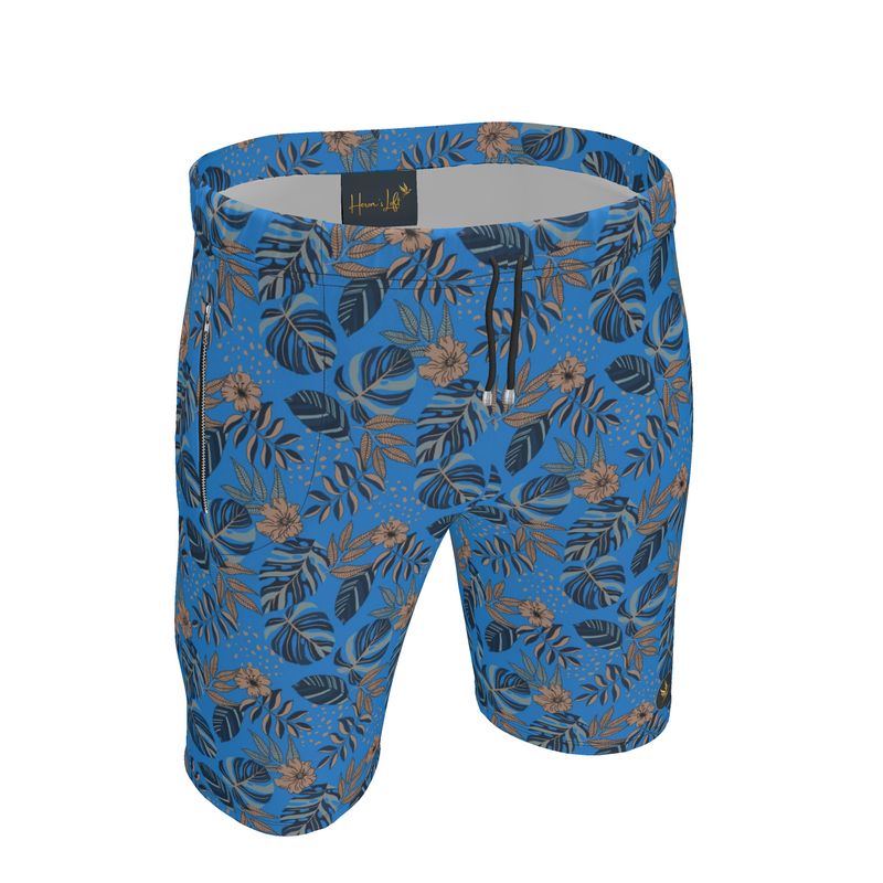 Men's Knee-Length Gym Shorts — Midnight Monstera Azure Blue