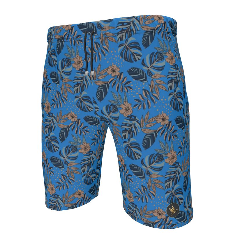 Men's Knee-Length Gym Shorts — Midnight Monstera Azure Blue