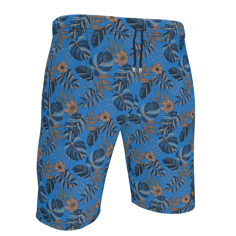 Men's Knee-Length Gym Shorts — Midnight Monstera Azure Blue