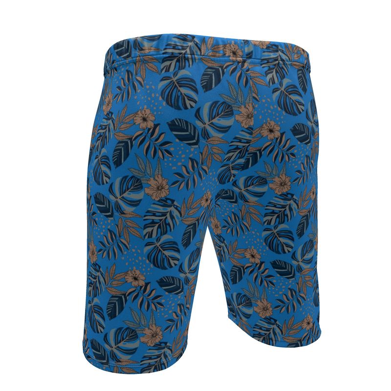 Men's Knee-Length Gym Shorts — Midnight Monstera Azure Blue