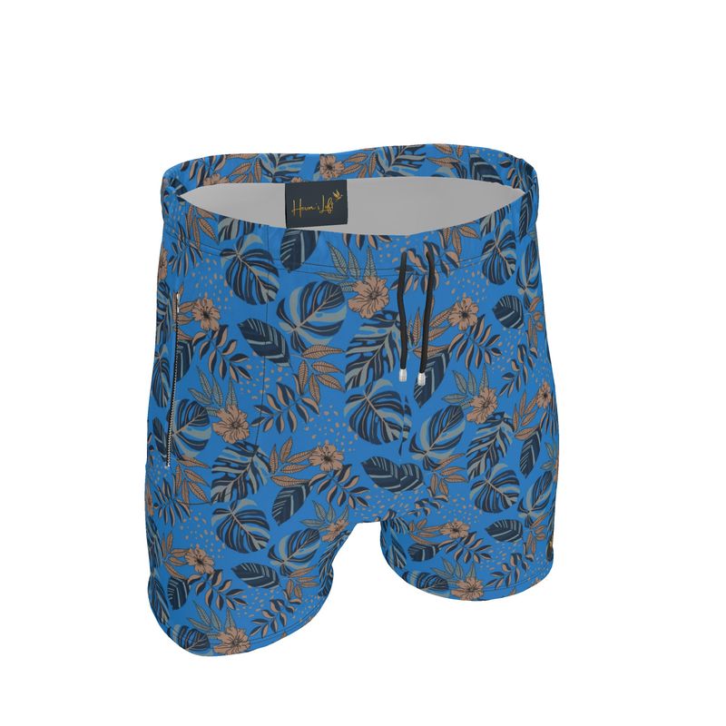 Men's Mid-Thigh Gym Shorts — Midnight Monstera Azure Blue