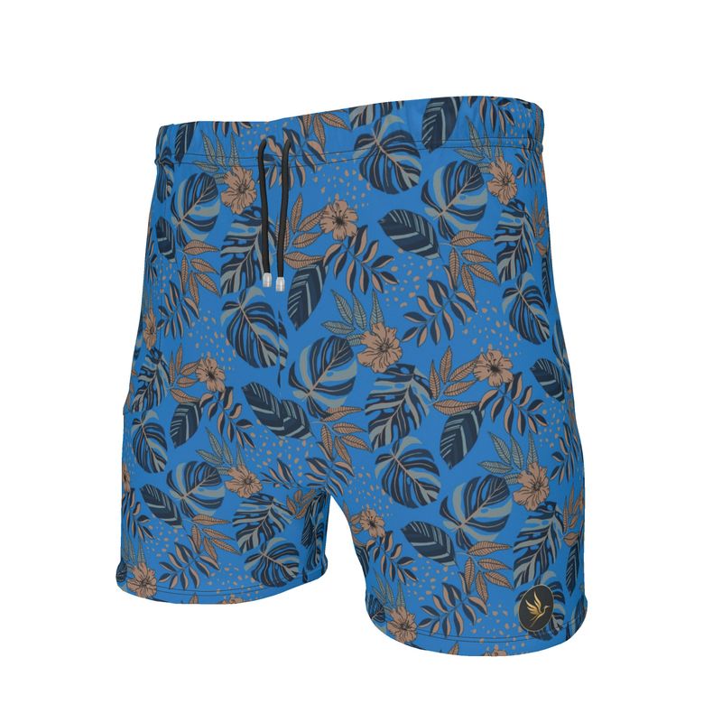 Men's Mid-Thigh Gym Shorts — Midnight Monstera Azure Blue
