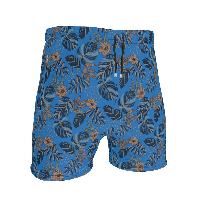 Men's Mid-Thigh Gym Shorts — Midnight Monstera Azure Blue
