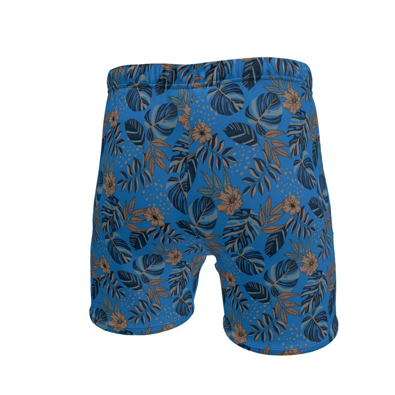Men's Mid-Thigh Gym Shorts — Midnight Monstera Azure Blue