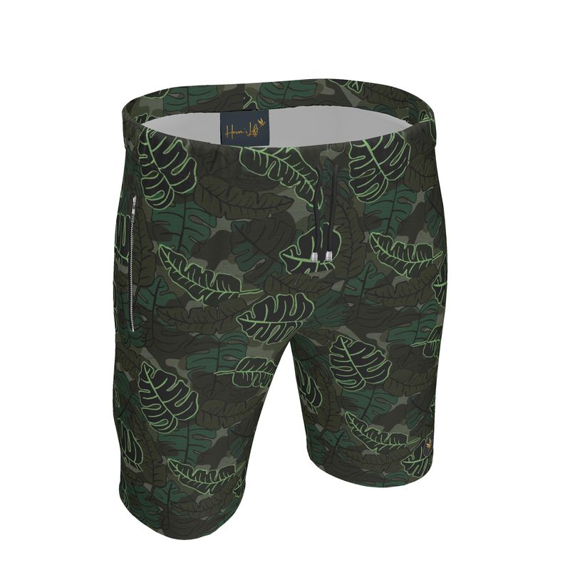 Men's Knee-Length Gym Shorts — Camo Leaves Sage Noir