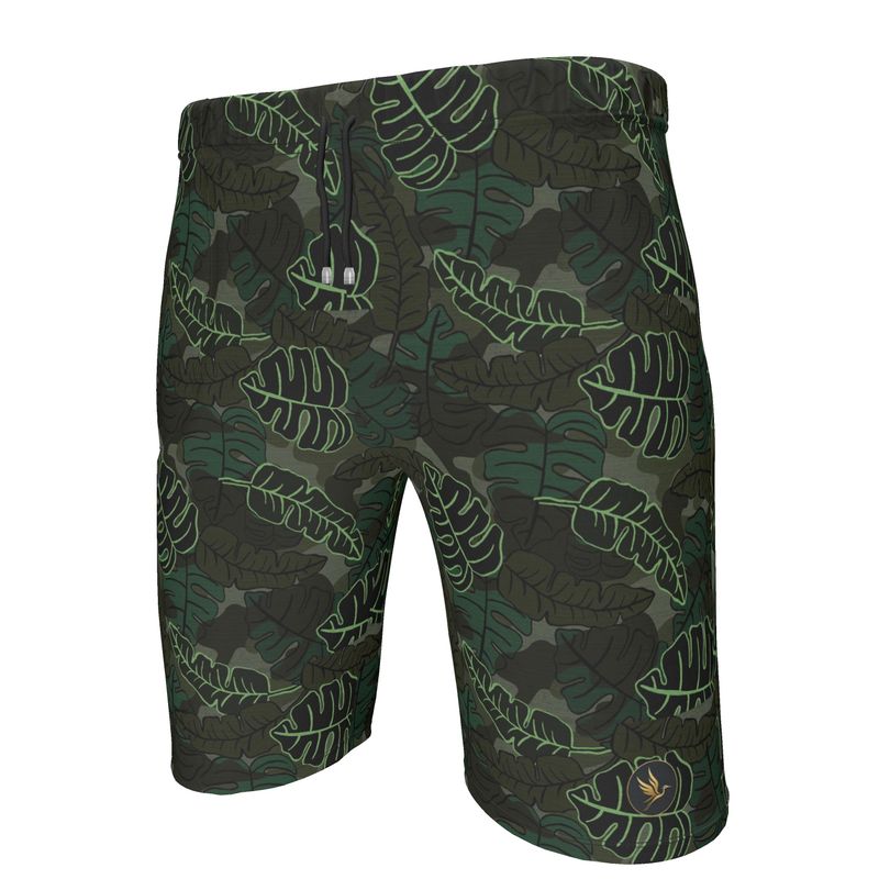 Men's Knee-Length Gym Shorts — Camo Leaves Sage Noir