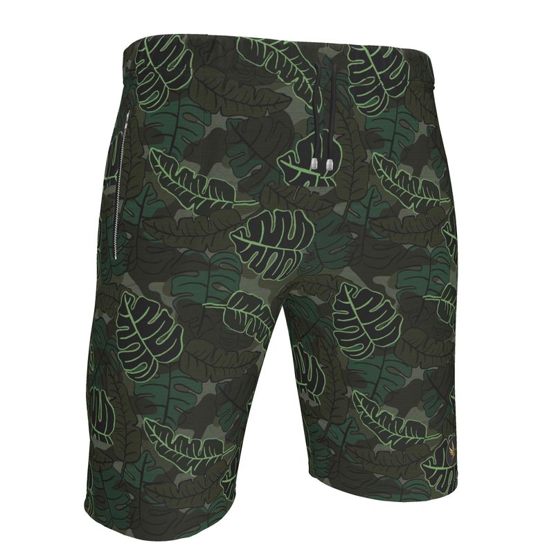 Men's Knee-Length Gym Shorts — Camo Leaves Sage Noir