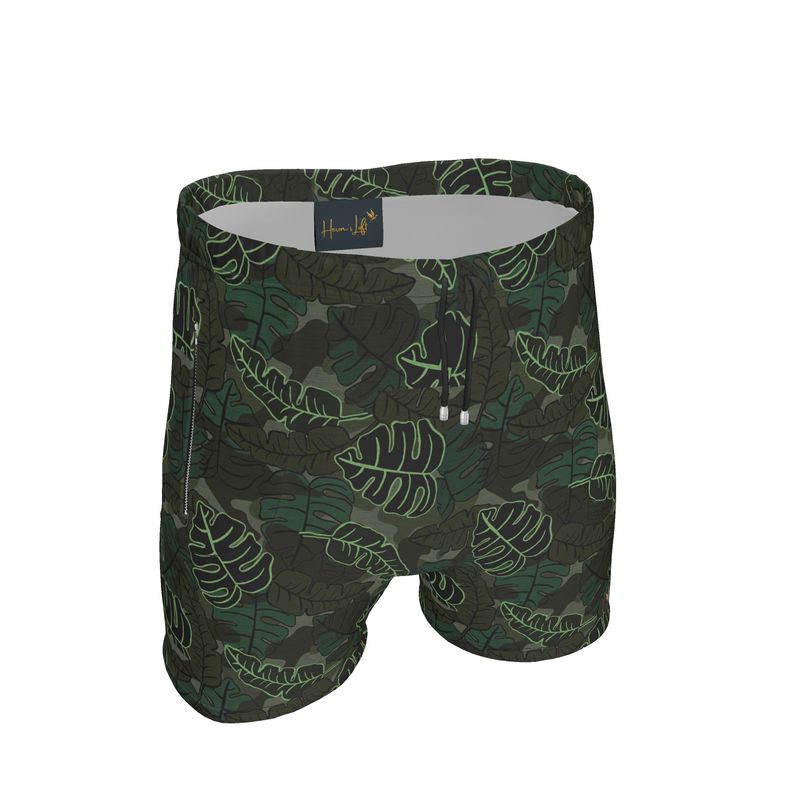 Men's Mid-Thigh Gym Shorts — Camo Leaves Sage Noir