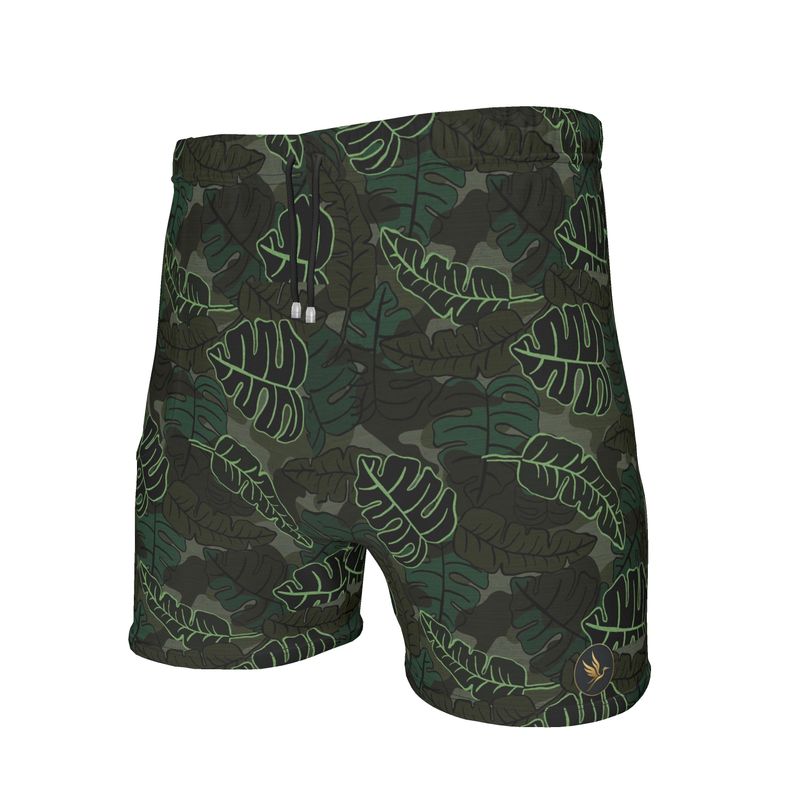 Men's Mid-Thigh Gym Shorts — Camo Leaves Sage Noir