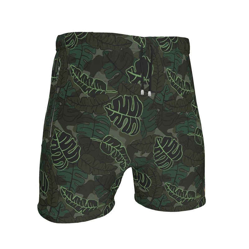 Men's Mid-Thigh Gym Shorts — Camo Leaves Sage Noir