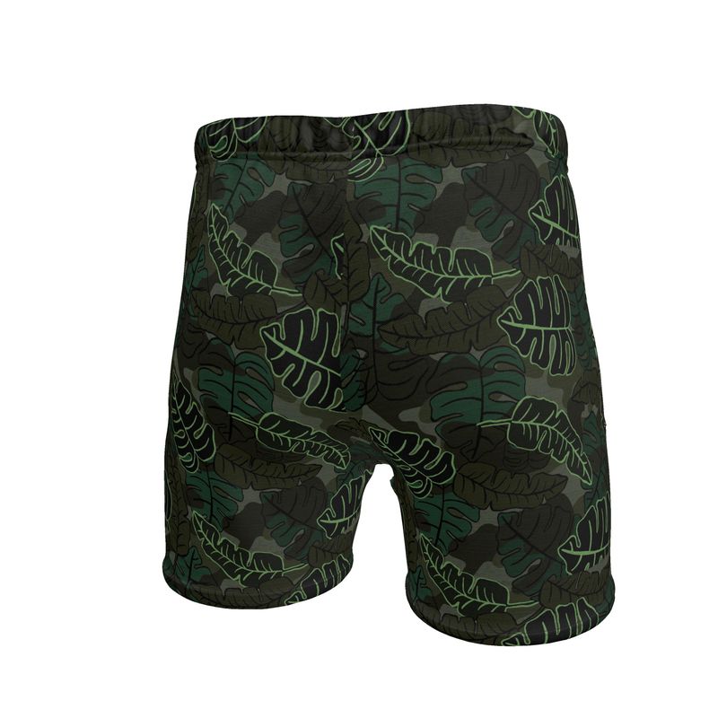 Men's Mid-Thigh Gym Shorts — Camo Leaves Sage Noir