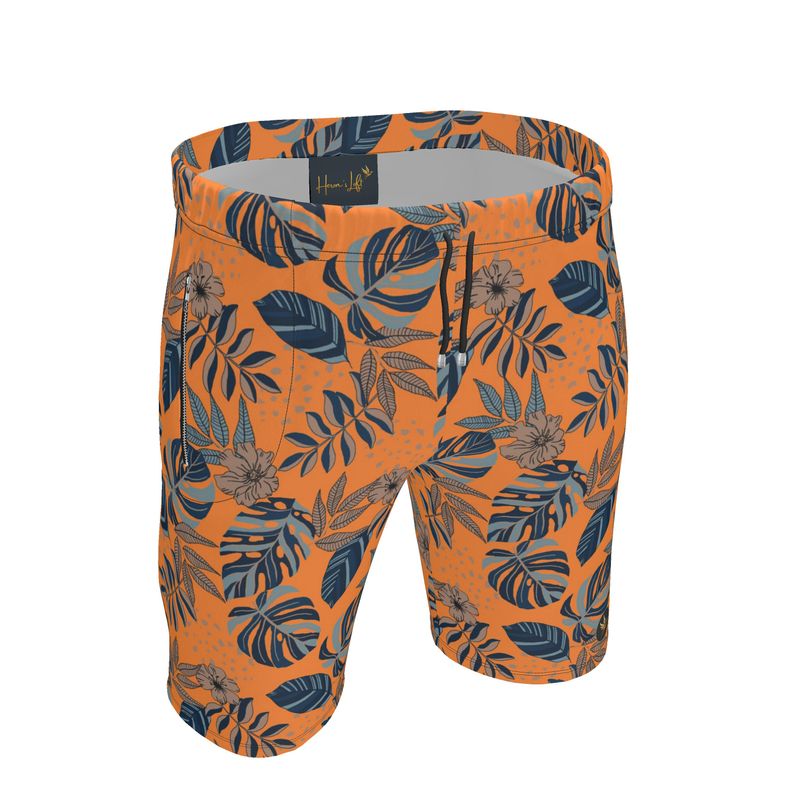 Men's Knee-Length Gym Shorts — Midnight Monstera Cadmium Orange