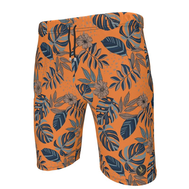 Men's Knee-Length Gym Shorts — Midnight Monstera Cadmium Orange