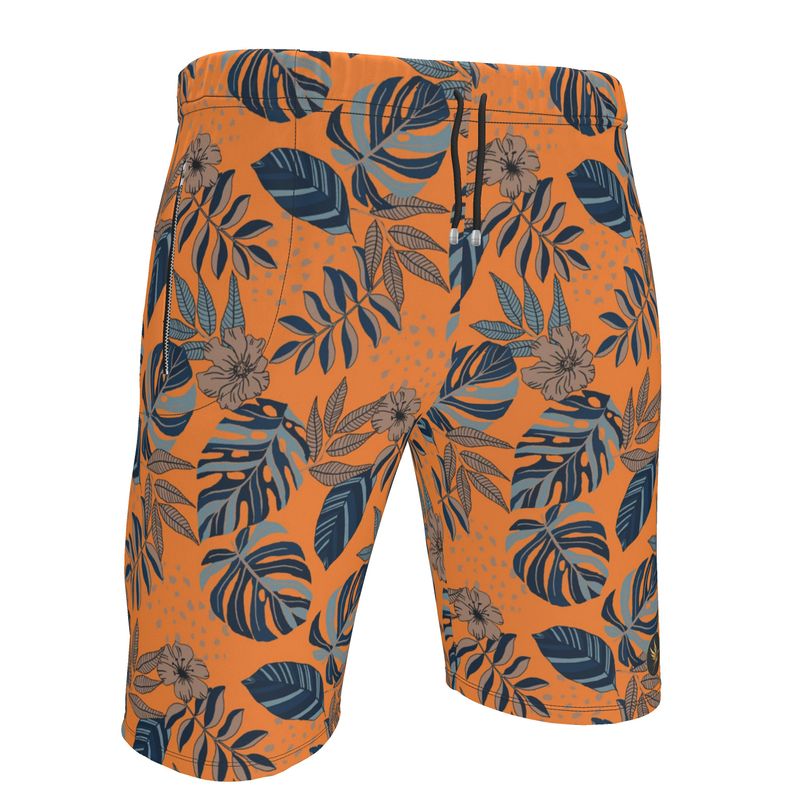 Men's Knee-Length Gym Shorts — Midnight Monstera Cadmium Orange