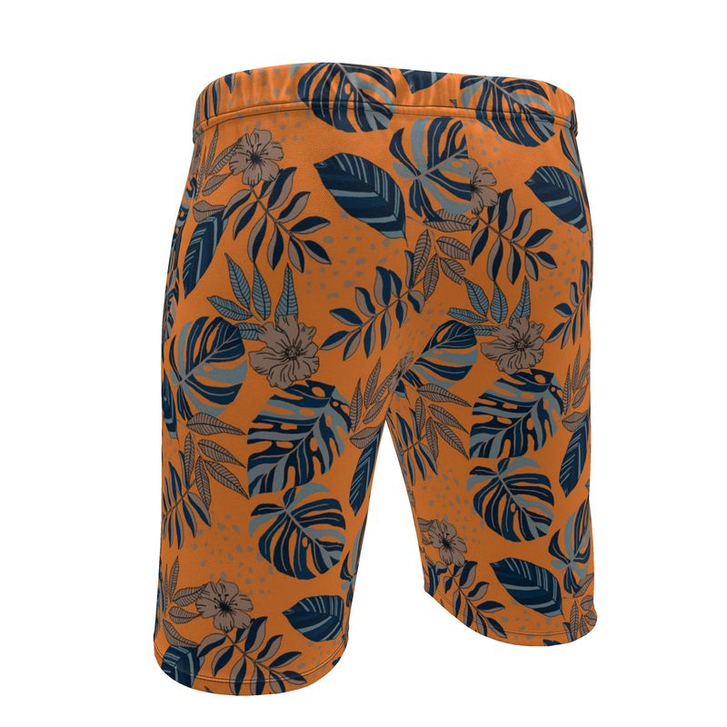 Men's Knee-Length Gym Shorts — Midnight Monstera Cadmium Orange