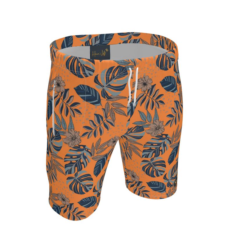 Men's Knee-Length Gym Shorts — Midnight Monstera Cadmium Orange