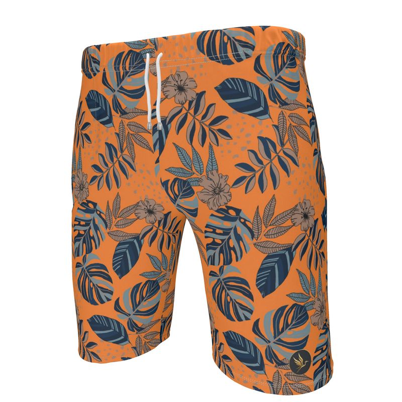 Men's Knee-Length Gym Shorts — Midnight Monstera Cadmium Orange