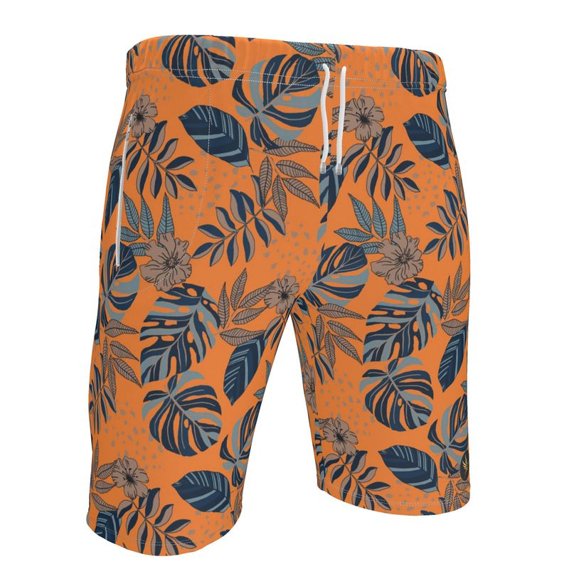 Men's Knee-Length Gym Shorts — Midnight Monstera Cadmium Orange