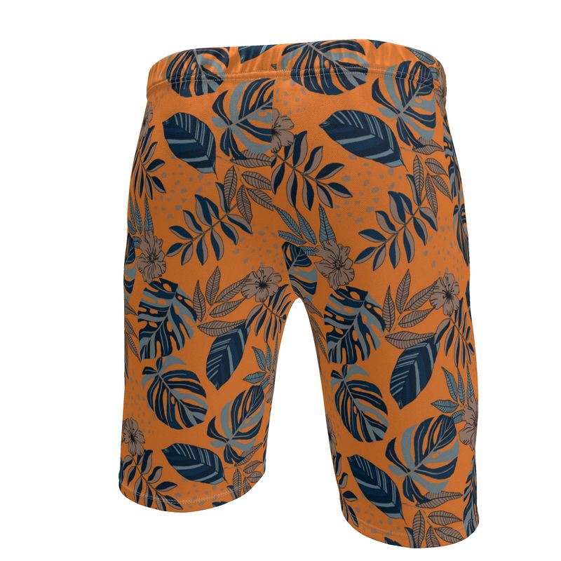 Men's Knee-Length Gym Shorts — Midnight Monstera Cadmium Orange