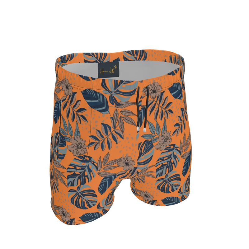 Men's Mid-Thigh Gym Shorts — Midnight Monstera Cadmium Orange