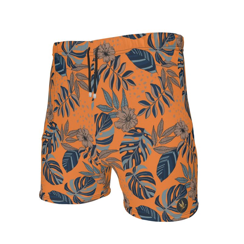 Men's Mid-Thigh Gym Shorts — Midnight Monstera Cadmium Orange