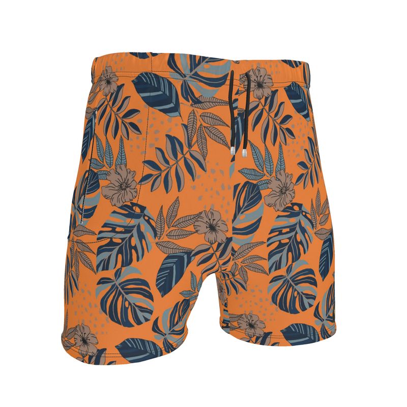 Men's Mid-Thigh Gym Shorts — Midnight Monstera Cadmium Orange