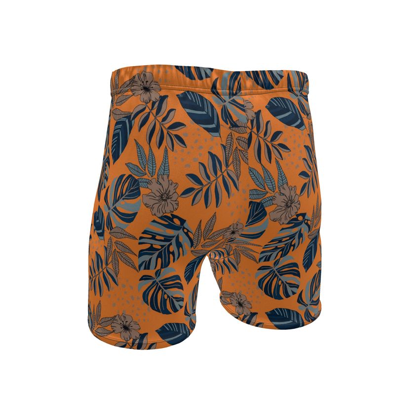 Men's Mid-Thigh Gym Shorts — Midnight Monstera Cadmium Orange