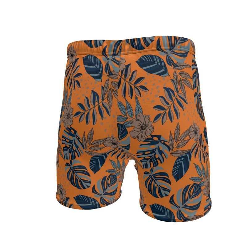 Men's Mid-Thigh Gym Shorts — Midnight Monstera Cadmium Orange