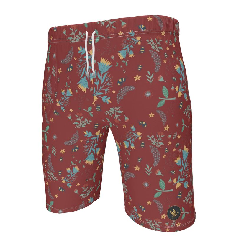 Bee Garden Rustic Bloom Men's Knee-Length Gym Shorts — White Trim