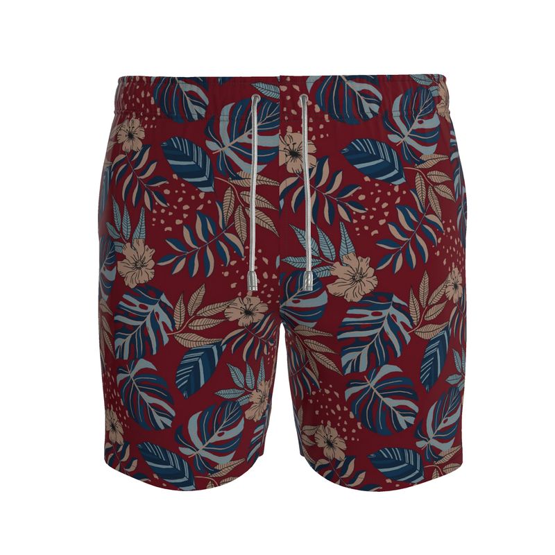Men's Swim Shorts — Midnight Monstera Ruby Red