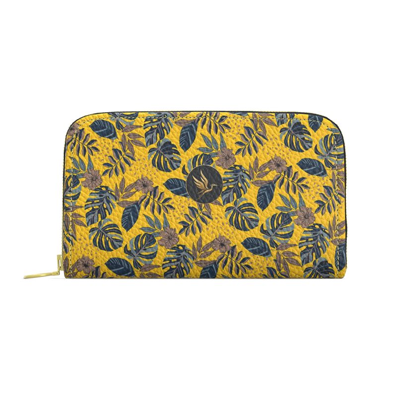 Midnight Monstera Honey Gold Leather Destination Zip Wallet