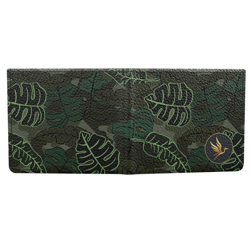 Camo Leaves Sage Noir Leather Bifold Wallet — Cards & Coin