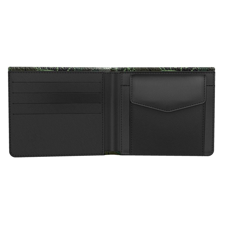 Camo Leaves Sage Noir Leather Bifold Wallet — Cards & Coin