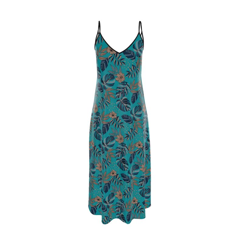 Women’s Silk Evening Slip Dress — Midnight Monstera Cyan Noir