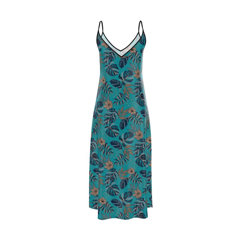 Women’s Silk Evening Slip Dress — Midnight Monstera Cyan Noir