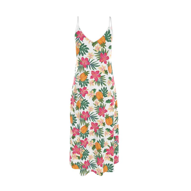 Women’s Silk Evening Slip Dress — Pineapple Paradise Coral Dreams